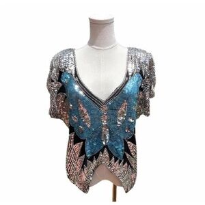 Vintage 80’s Sequin Butterfly Top 100% Silk Beadwork Hippie Boho Festival